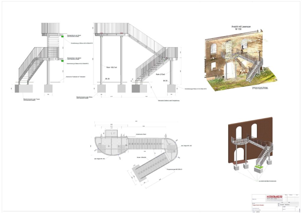 Konstruktionsskizzen und einfache Visualisierung der Fassade und der Treppe