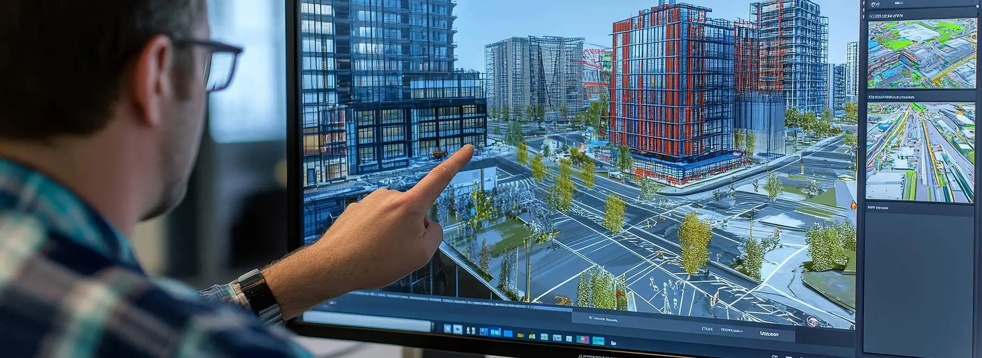 Eine Person zeigt auf einen Computerbildschirm, auf dem ein 3D-Architekturmodell einer Stadtentwicklung mit mehreren Gebäuden und Straßen angezeigt wird.